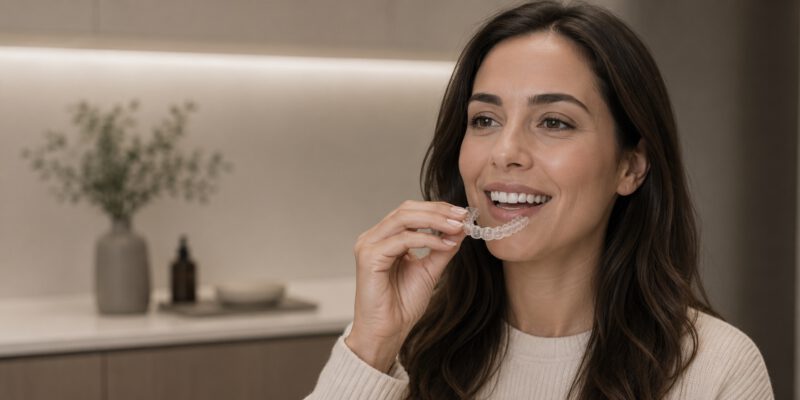 A smiling patient holding a clear aligner