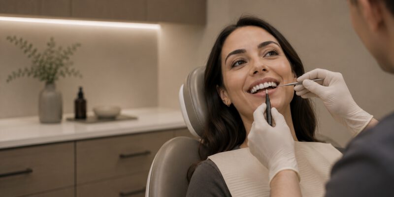 A patient smiling during a dental examination