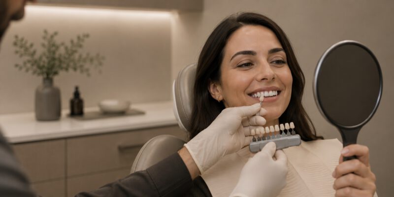 A dentist matching a tooth shade with a patient